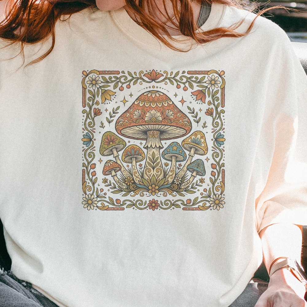 Ornate Mushroom Gathering in Floral Folk Border Tee